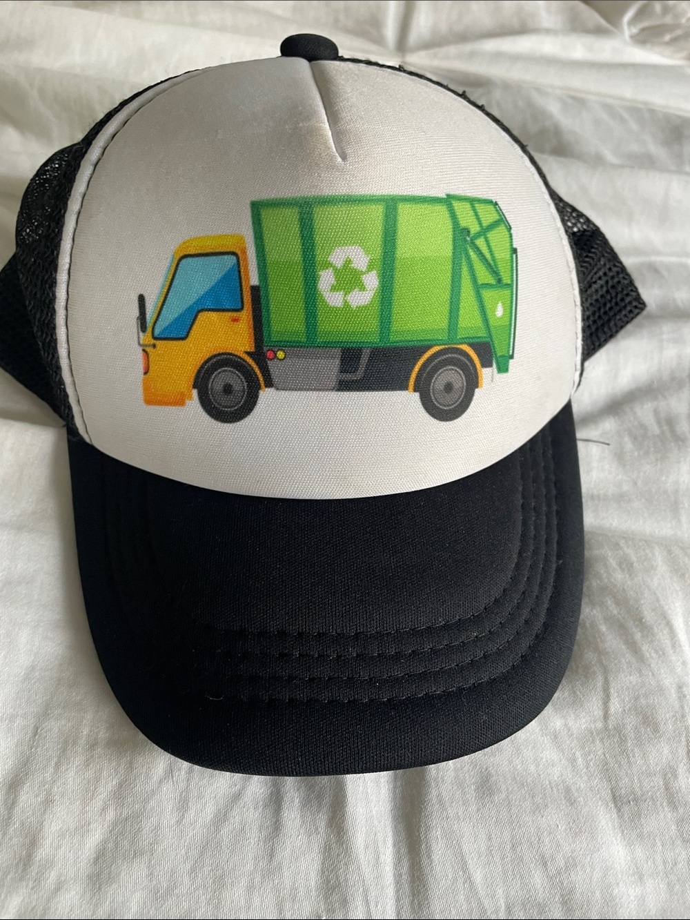 Kids Black and White Trucker Hat with Green Recycling Truck Graphic
